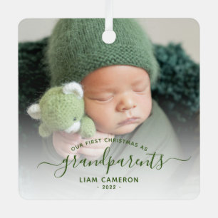 Eerste kerstfoto van grootouders Groen schrift Metalen Ornament