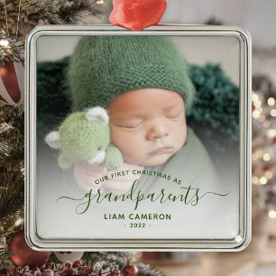 Eerste kerstfoto van grootouders Groen schrift Metalen Ornament