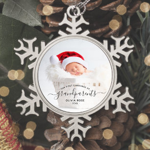 Eerste kerstfoto van grootouders met zwarte script tin sneeuwvlok ornament