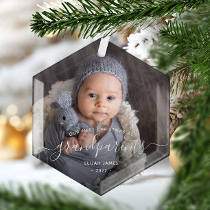 Eerste kerstfoto van grootouders Wit schrift Glas Ornament