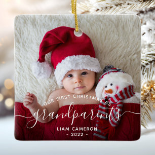 Eerste kerstfoto van grootouders Wit schrift Keramisch Ornament