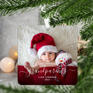 Eerste kerstfoto van grootouders Wit schrift Metalen Ornament
