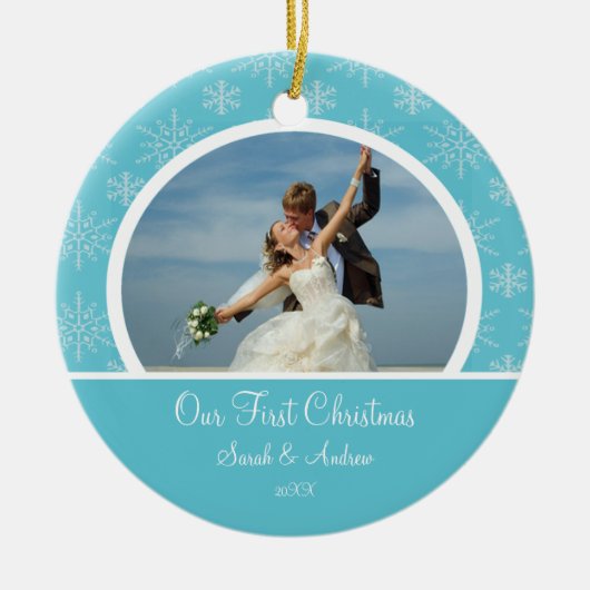 Eerste kerstfoto van Ornament Blue Snowflakes (Voorkant)