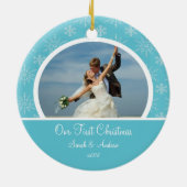 Eerste kerstfoto van Ornament Blue Snowflakes (Achterkant)