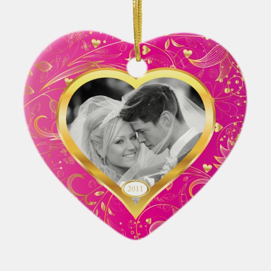 Eerste kerstfoto van Ornament Gold Heart Pink (Voorkant)