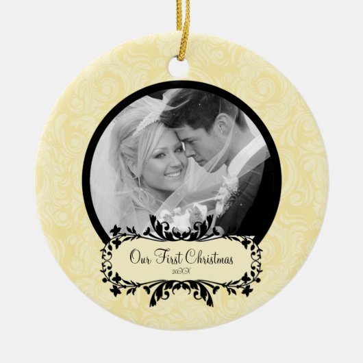 Eerste kerstfoto van Ornament Yellow Damask (Voorkant)