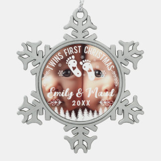 Eerste kerstfoto van tweeling tin sneeuwvlok ornament