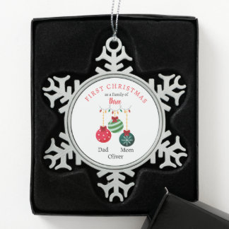 Eerste kerstgezin van drie Keepsake Tin Sneeuwvlok Ornament
