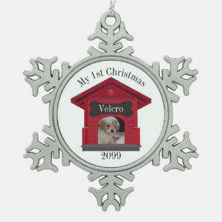 Eerste kersthond Upload Photo Dog House w Bone Me Tin Sneeuwvlok Ornament
