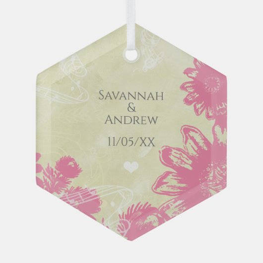 Eerste Kerstkerst Roze Blauwe Gerber Daisy Kerstmi Glas Ornament (Voorkant)