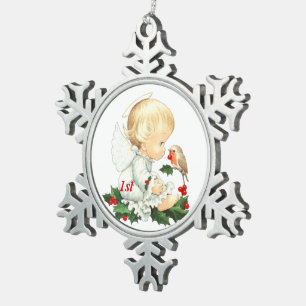 Eerste KerstkerstBaby Angel Tin Sneeuwvlok Ornament