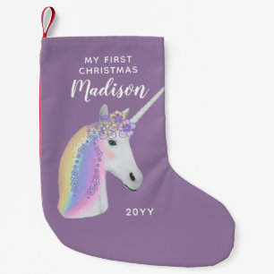 Eerste Kerstkerstbaby Paarse Unicorn Naam Kleine Kerstsok