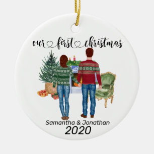 Eerste Kerstkoppel Bruin Haar Jonggehuwden Keramisch Ornament