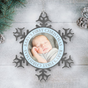 Eerste kerstlichtblauwe, aangepaste babyjongen fot tin sneeuwvlok ornament