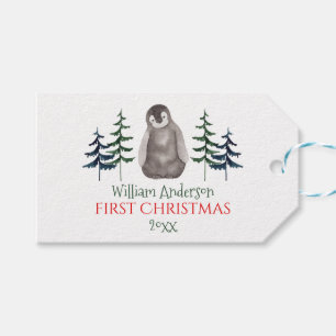 Eerste kerstman Baby Pinguïn & Boom op maat Cadeaulabel