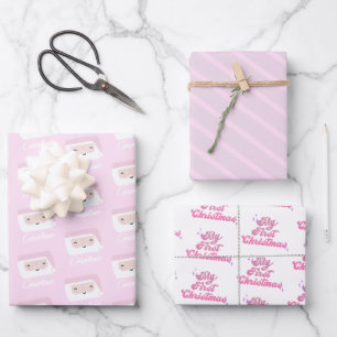 Eerste kerstmeisjes Roze Aangepast Inpakpapier Vel