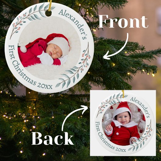Eerste Kerstmis 2 foto's Groen & Bessen Krans Keramisch Ornament