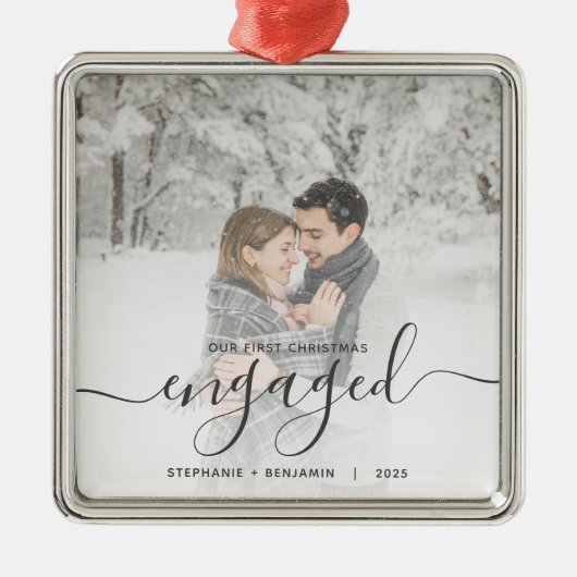 Eerste Kerstmis Aangepast Foto Grijs Manuscript Metalen Ornament (Voorkant)