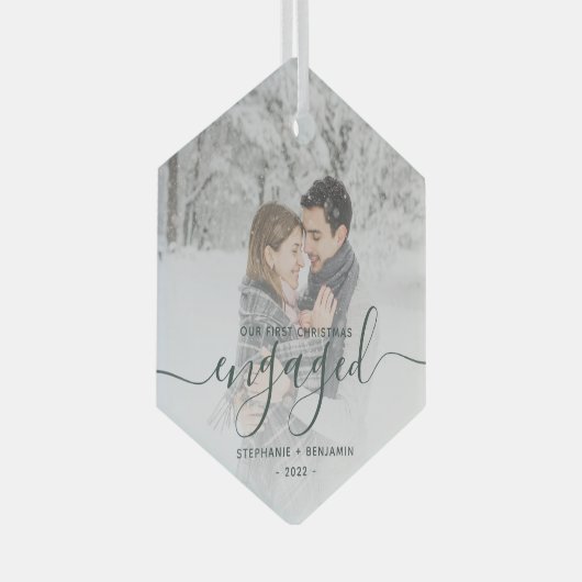 Eerste Kerstmis Aangepast Foto Groen Manuscript Glas Ornament (Voorkant Rechts)