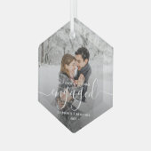 Eerste Kerstmis Aangepaste foto White Script Glas Ornament (Voorkant links)