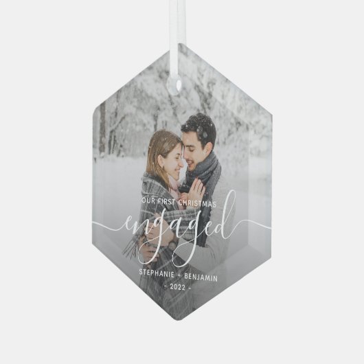 Eerste Kerstmis Aangepaste foto White Script Glas Ornament (Voorkant links)