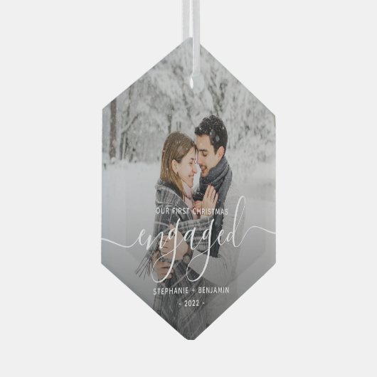 Eerste Kerstmis Aangepaste foto White Script Glas Ornament (Voorkant Rechts)