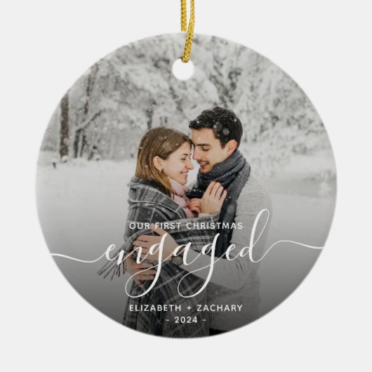 Eerste Kerstmis Aangepaste foto White Script Keramisch Ornament (Voorkant)