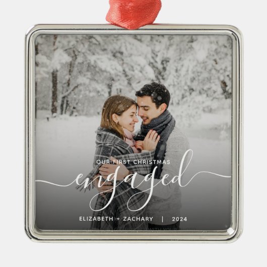 Eerste Kerstmis Aangepaste foto White Script Metalen Ornament (Voorkant)