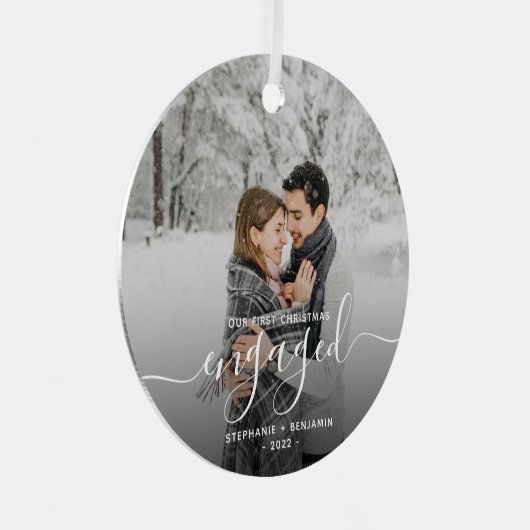 Eerste Kerstmis Aangepaste foto White Script Metalen Ornament (Voorkant Rechts)