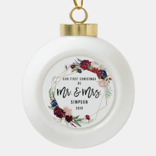 Eerste Kerstmis als Bloemige Mr en Mrs Keramische Bal Ornament