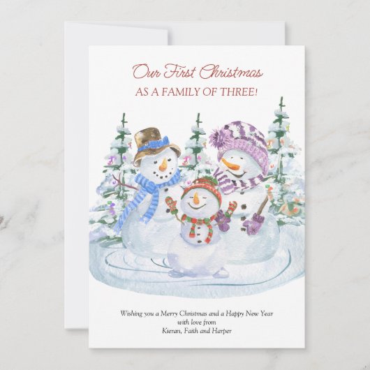 Eerste Kerstmis als familie van 3 Merry Snowmen Ba Aankondiging (Voorkant)