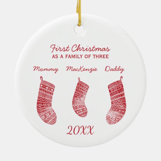 Eerste Kerstmis als familie van drie Keramisch Ornament (Achterkant)