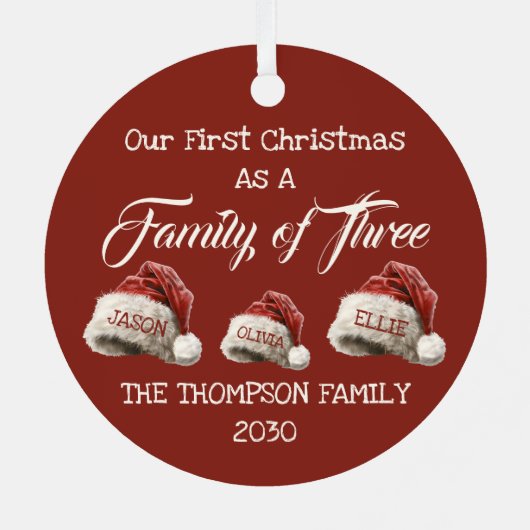 Eerste Kerstmis als familie van drie personen Metalen Ornament (Achterkant)