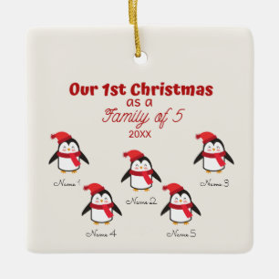 Eerste Kerstmis als familie van vijf pinguïns voo Keramisch Ornament