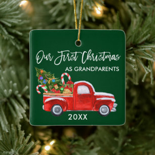 Eerste Kerstmis als Grandouders Truck Tree Green Keramisch Ornament