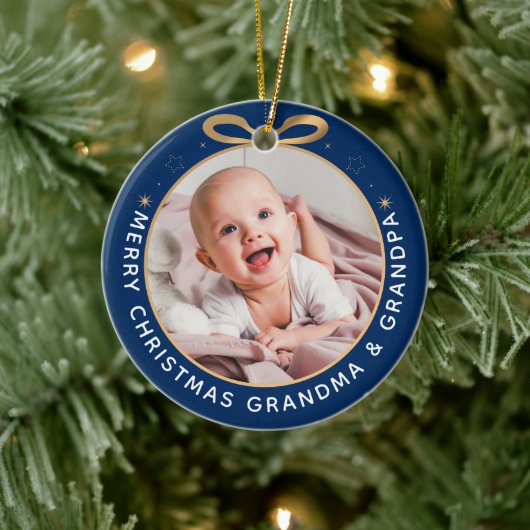 Eerste Kerstmis als Grootouders Blue Gold Foto Keramisch Ornament (Boom)
