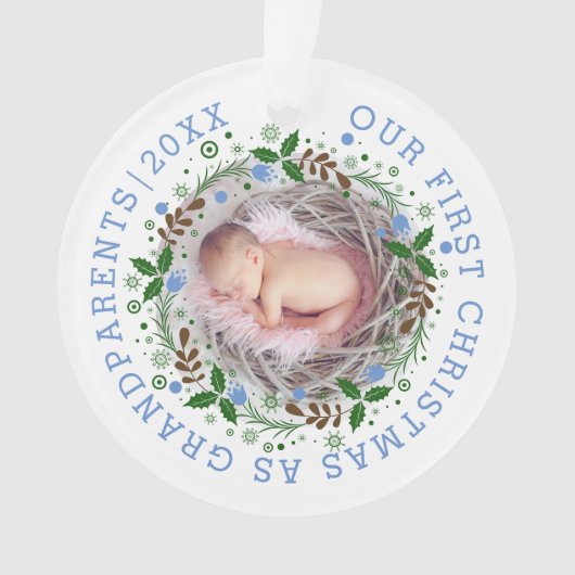 Eerste Kerstmis als grootouders met blauwe foto Ornament (voorkant)