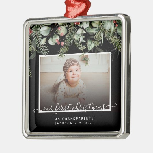 Eerste Kerstmis als Grootouders Winter Greenery Metalen Ornament (Links)