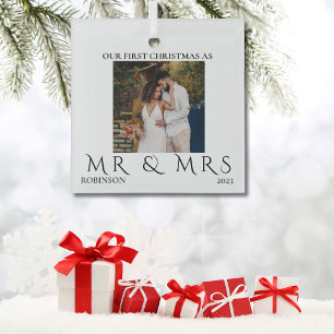 Eerste Kerstmis als Mr en Mrs Modern Couple Foto Glas Ornament