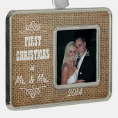Eerste Kerstmis als Mr & Mrs Burlap Verzilverd Kader Ornament (Rechts)