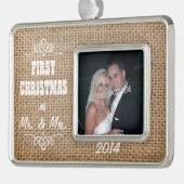Eerste Kerstmis als Mr & Mrs Burlap Verzilverd Kader Ornament (Links)