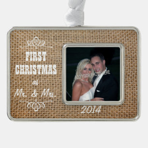 Eerste Kerstmis als Mr & Mrs Burlap Verzilverd Kader Ornament