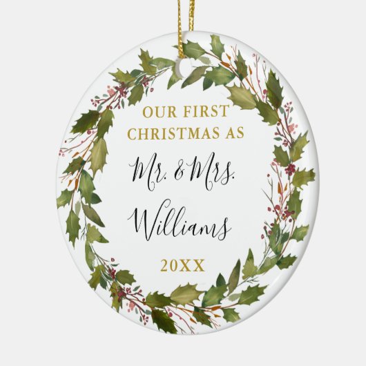 Eerste Kerstmis als Mr. & Mrs Custom Photo Keramisch Ornament (Links)