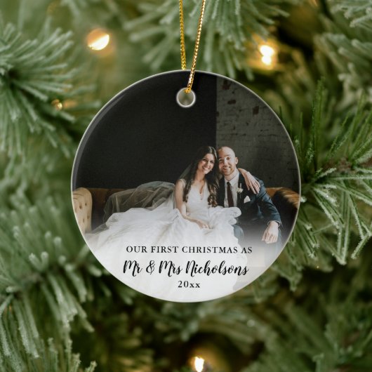 Eerste Kerstmis als Mr & Mrs. Foto Overlay Keramisch Ornament (Boom)