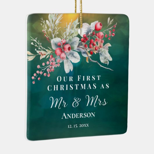 Eerste Kerstmis als Mr & Mrs Inspirerend bruiloft Keramisch Ornament (Rechts)