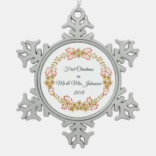 Eerste Kerstmis als Mr & Mrs Johanson Custom Name Tin Sneeuwvlok Ornament