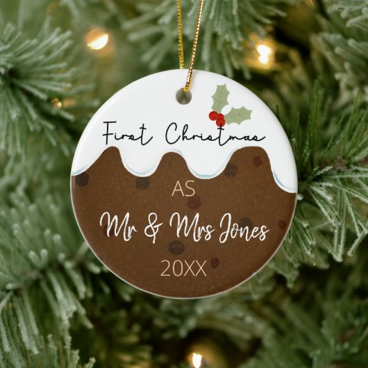 eerste Kerstmis als Mr & Mrs Kerstpudding Keramisch Ornament (Boom)