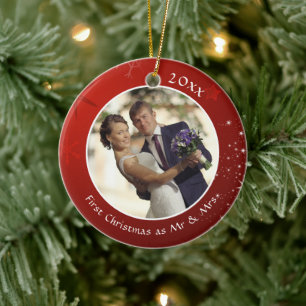 Eerste Kerstmis als MR & MRS Red Snowflake 2 Foto Keramisch Ornament
