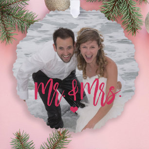 Eerste Kerstmis als Mr & Mrs script foto naam Ornament Kaart
