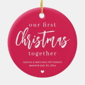Eerste Kerstmis als Mr & Mrs script foto naam roze Keramisch Ornament (Achterkant)